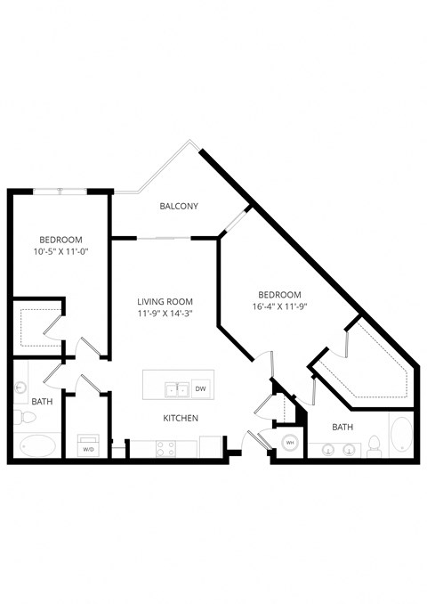 A floor plan of a two-bedroom apartment with a balcony.